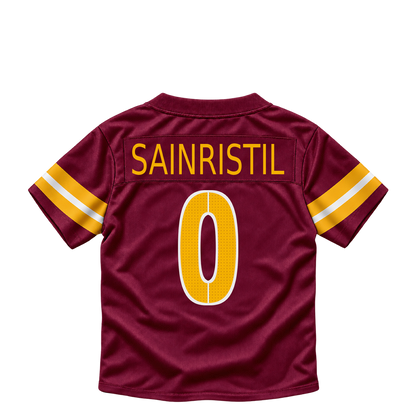 Washington Commanders jersey keychain — Mike Sainristil #0. Exact saved player artwork preview.