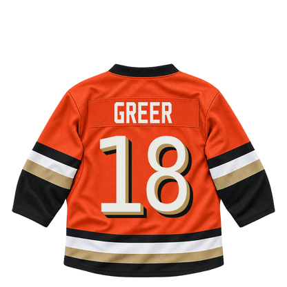 Anaheim Ducks jersey keychain — A.J. Greer #18. Exact saved player artwork preview.