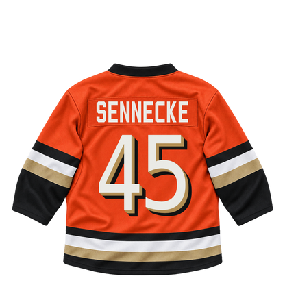 Anaheim Ducks jersey keychain — Beckett Sennecke #45. Exact saved player artwork preview.