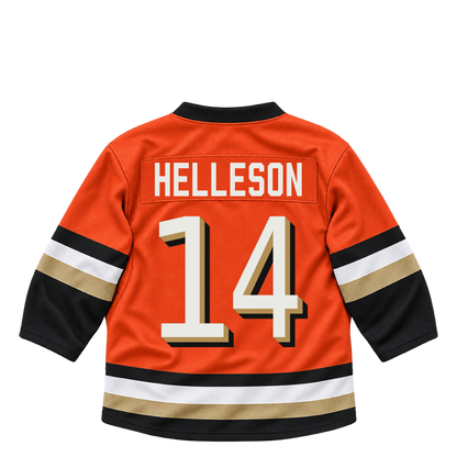 Anaheim Ducks jersey keychain — Drew Helleson #14. Exact saved player artwork preview.