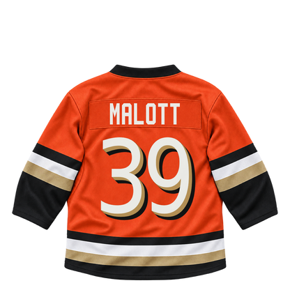 Anaheim Ducks jersey keychain — Jeff Malott #39. Exact saved player artwork preview.