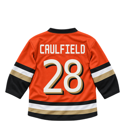 Anaheim Ducks jersey keychain — Judd Caulfield #28. Exact saved player artwork preview.