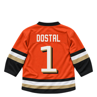Anaheim Ducks jersey keychain — Lukas Dostal #1. Exact saved player artwork preview.