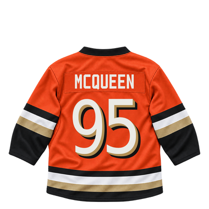 Anaheim Ducks jersey keychain — Roger McQueen #95. Exact saved player artwork preview.