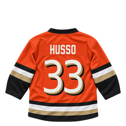 Anaheim Ducks jersey keychain — Ville Husso #33. Exact saved player artwork preview.