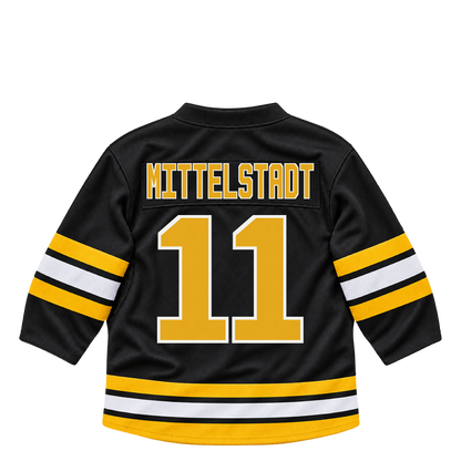 Boston Bruins jersey keychain — Casey Mittelstadt #11. Exact saved player artwork preview.