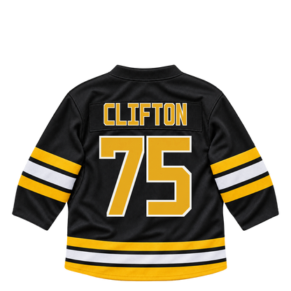 Boston Bruins jersey keychain — Connor Clifton #75. Exact saved player artwork preview.
