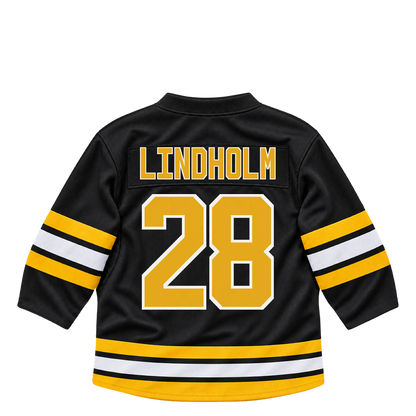 Boston Bruins jersey keychain — Elias Lindholm #28. Exact saved player artwork preview.