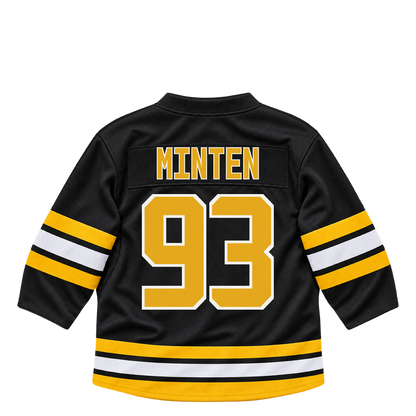 Boston Bruins jersey keychain — Fraser Minten #93. Exact saved player artwork preview.