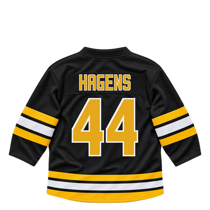 Boston Bruins jersey keychain — James Hagens #44. Exact saved player artwork preview.
