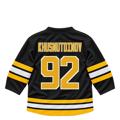 Boston Bruins jersey keychain — Marat Khusnutdinov #92. Exact saved player artwork preview.