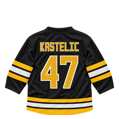 Boston Bruins jersey keychain — Mark Kastelic #47. Exact saved player artwork preview.