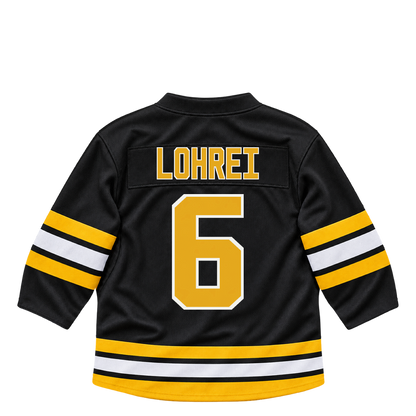 Boston Bruins jersey keychain — Mason Lohrei #6. Exact saved player artwork preview.