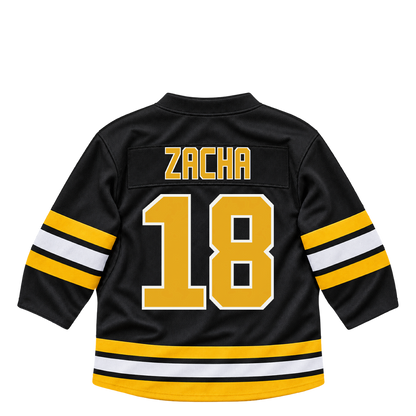 Boston Bruins jersey keychain — Pavel Zacha #18. Exact saved player artwork preview.