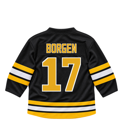 Boston Bruins jersey keychain — Will Borgen #17. Exact saved player artwork preview.
