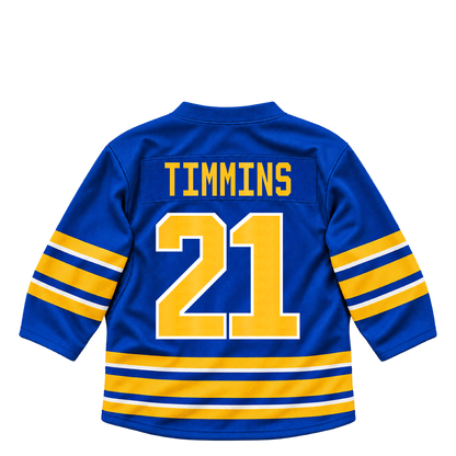 Buffalo Sabres jersey keychain — Conor Timmins #21. Exact saved player artwork preview.