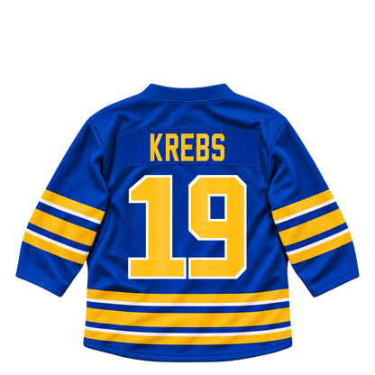 Buffalo Sabres jersey keychain — Peyton Krebs #19. Exact saved player artwork preview.