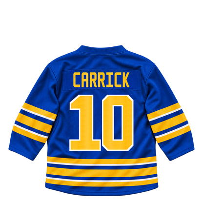 Buffalo Sabres jersey keychain — Sam Carrick #10. Exact saved player artwork preview.
