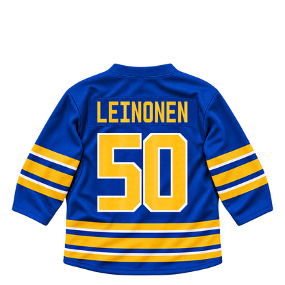 Buffalo Sabres jersey keychain — Topias Leinonen #50. Exact saved player artwork preview.