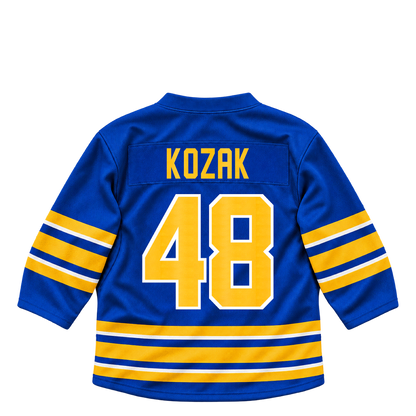 Buffalo Sabres jersey keychain — Tyson Kozak #48. Exact saved player artwork preview.