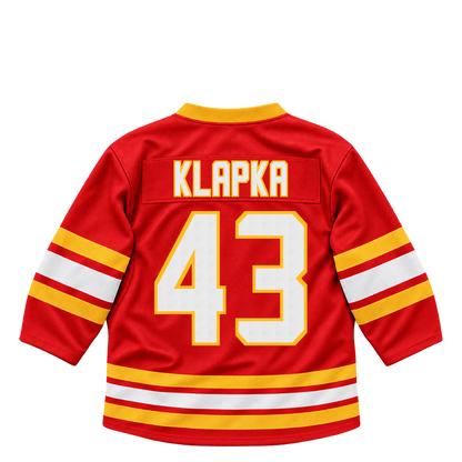 Calgary Flames jersey keychain — Adam Klapka #43. Exact saved player artwork preview.