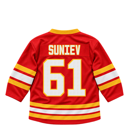 Calgary Flames jersey keychain — Aydar Suniev #61. Exact saved player artwork preview.
