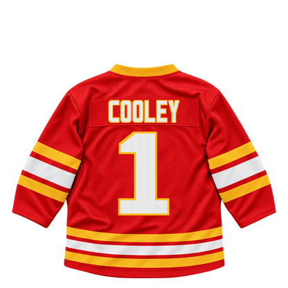 Calgary Flames jersey keychain — Devin Cooley #1. Exact saved player artwork preview.