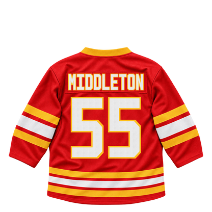 Calgary Flames jersey keychain — Jake Middleton #55. Exact saved player artwork preview.