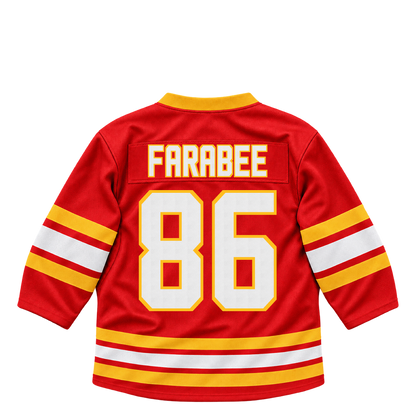 Calgary Flames jersey keychain — Joel Farabee #86. Exact saved player artwork preview.