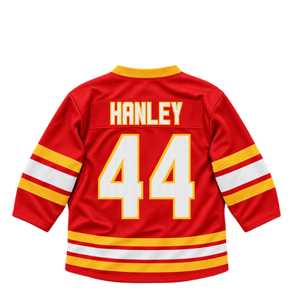Calgary Flames jersey keychain — Joel Hanley #44. Exact saved player artwork preview.