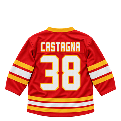 Calgary Flames jersey keychain — Jonathan Castagna #38. Exact saved player artwork preview.