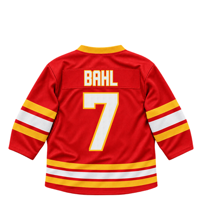 Calgary Flames jersey keychain — Kevin Bahl #7. Exact saved player artwork preview.