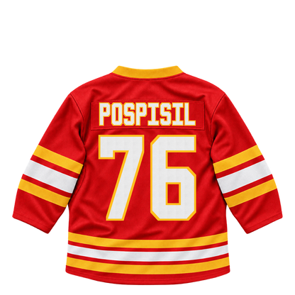 Calgary Flames jersey keychain — Martin Pospisil #76. Exact saved player artwork preview.