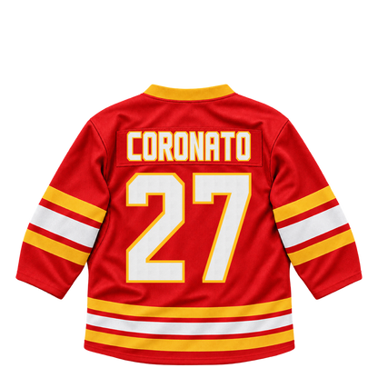 Calgary Flames jersey keychain — Matt Coronato #27. Exact saved player artwork preview.