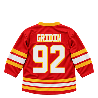 Calgary Flames jersey keychain — Matvei Gridin #92. Exact saved player artwork preview.