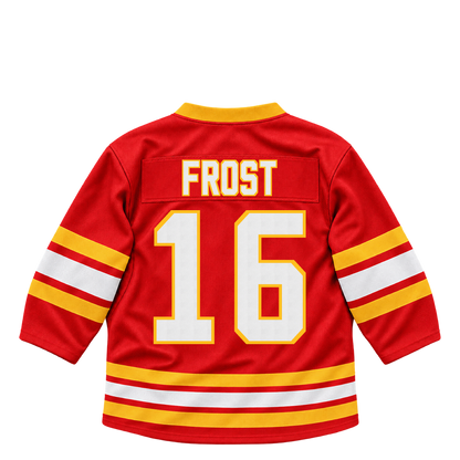 Calgary Flames jersey keychain — Morgan Frost #16. Exact saved player artwork preview.