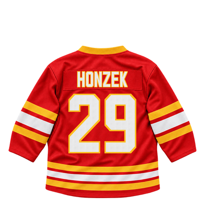 Calgary Flames jersey keychain — Samuel Honzek #29. Exact saved player artwork preview.