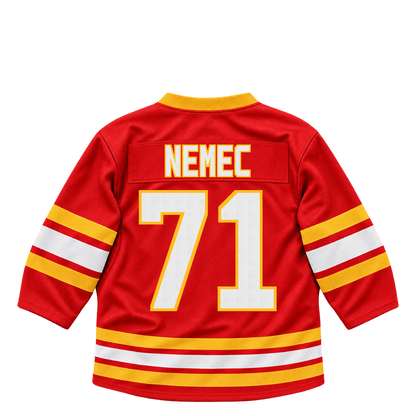 Calgary Flames jersey keychain — Simon Nemec #71. Exact saved player artwork preview.