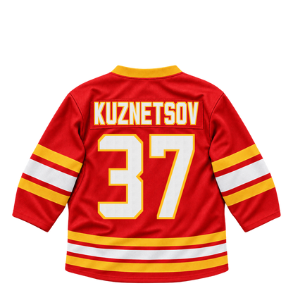 Calgary Flames jersey keychain — Yan Kuznetsov #37. Exact saved player artwork preview.