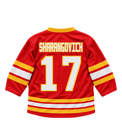 Calgary Flames jersey keychain — Yegor Sharangovich #17. Exact saved player artwork preview.