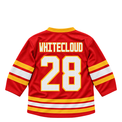 Calgary Flames jersey keychain — Zach Whitecloud #28. Exact saved player artwork preview.