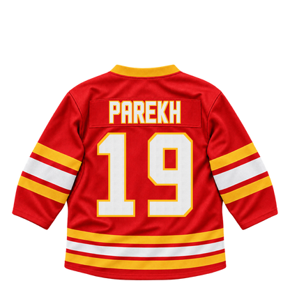 Calgary Flames jersey keychain — Zayne Parekh #19. Exact saved player artwork preview.