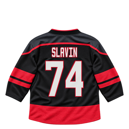 Carolina Hurricanes jersey keychain — Jaccob Slavin #74. Exact saved player artwork preview.