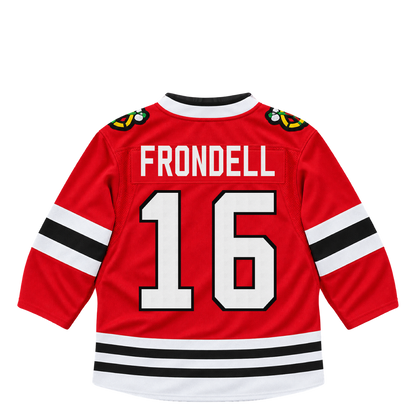 Chicago Blackhawks jersey keychain — Anton Frondell #16. Exact saved player artwork preview.