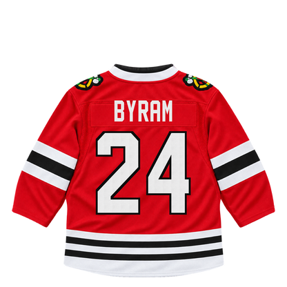 Chicago Blackhawks jersey keychain — Bowen Byram #24. Exact saved player artwork preview.