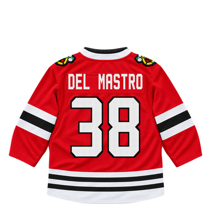 Chicago Blackhawks jersey keychain — Ethan Del Mastro #38. Exact saved player artwork preview.