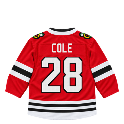 Chicago Blackhawks jersey keychain — Ian Cole #28. Exact saved player artwork preview.