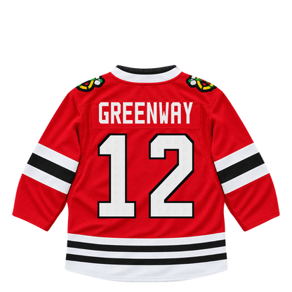 Chicago Blackhawks jersey keychain — Jordan Greenway #12. Exact saved player artwork preview.