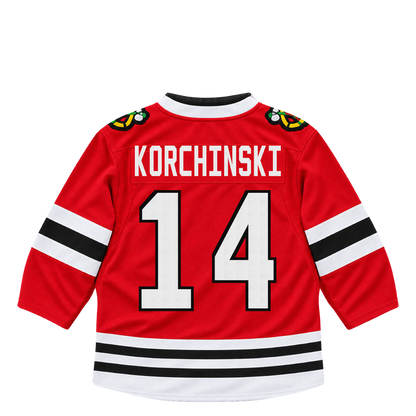 Chicago Blackhawks jersey keychain — Kevin Korchinski #14. Exact saved player artwork preview.