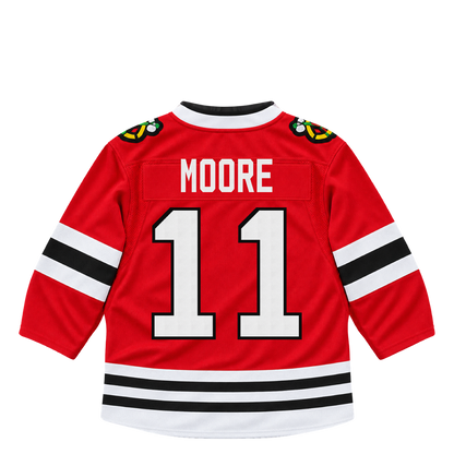Chicago Blackhawks jersey keychain — Oliver Moore #11. Exact saved player artwork preview.